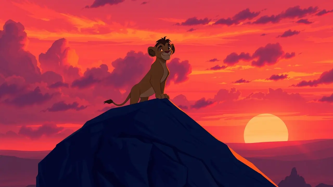 Simba filhote na Pedra do Reino ao pôr do sol.