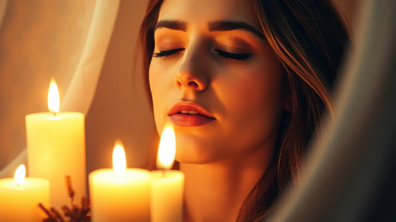 Mulher meditando cercada por velas e ervas, representando sonhos com simpatia.