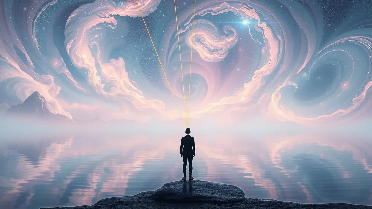 Sonhar com Sincronicidade: Descubra o Significado Oculto Homem contemplando o universo refletido em um lago, representando sincronicidade.