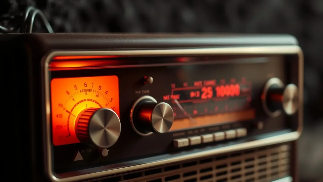 Rádio antiga com sintonizador, foco no dial