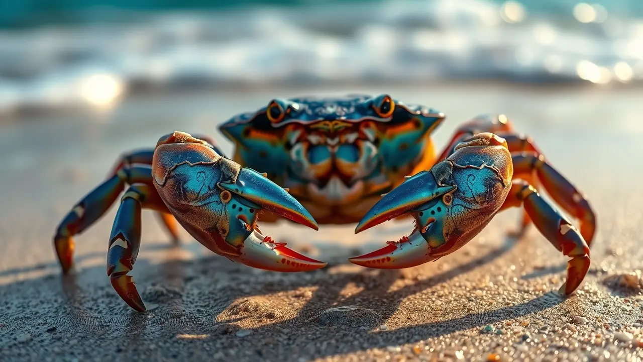 Sonhar com Siri: Descubra os Significados e Interpretações! Siri azul brilhante na areia molhada.