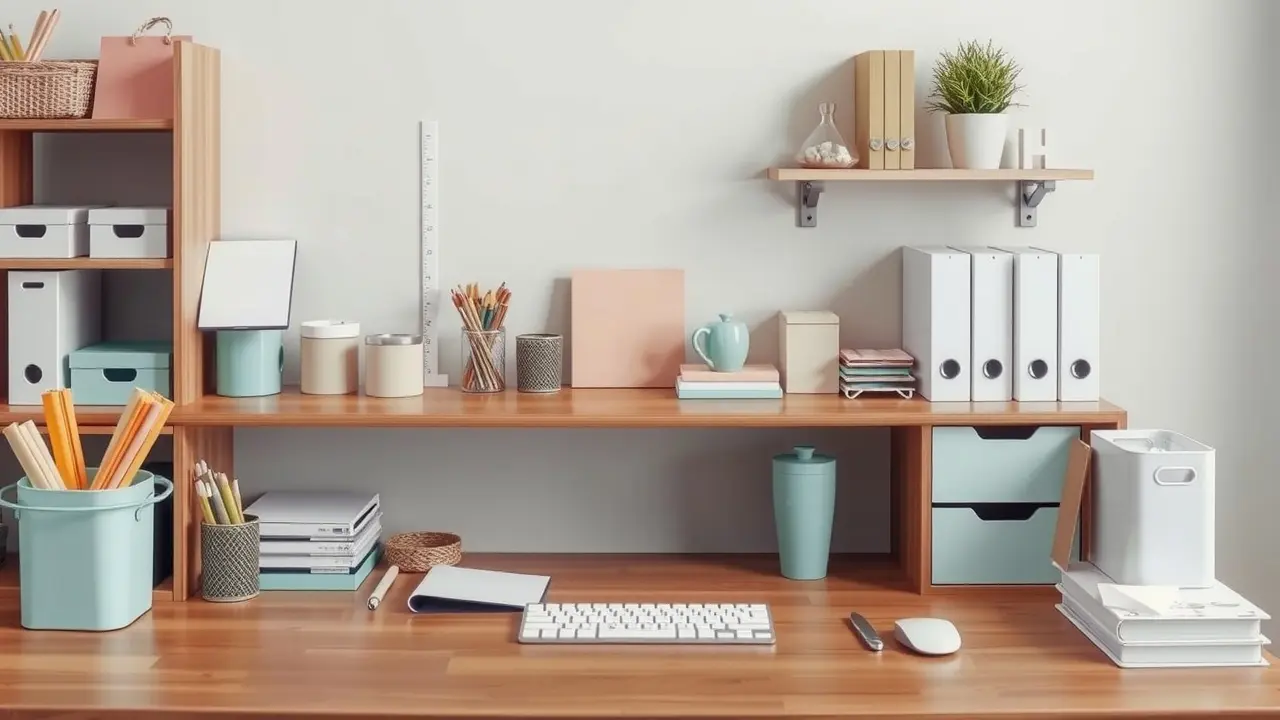 Sonhar com Sistematização: Descubra o Significado Oculto Mesa de trabalho organizada com materiais de escritório.