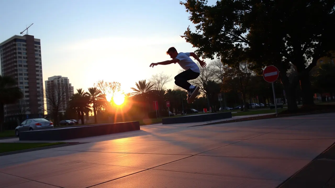 Pessoa andando de skate no parque ao pôr do sol.