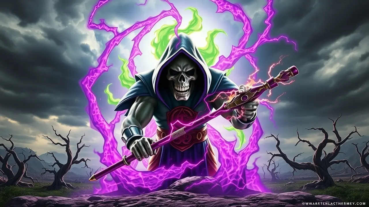 Skeletor emergindo de um vórtice de energia escura