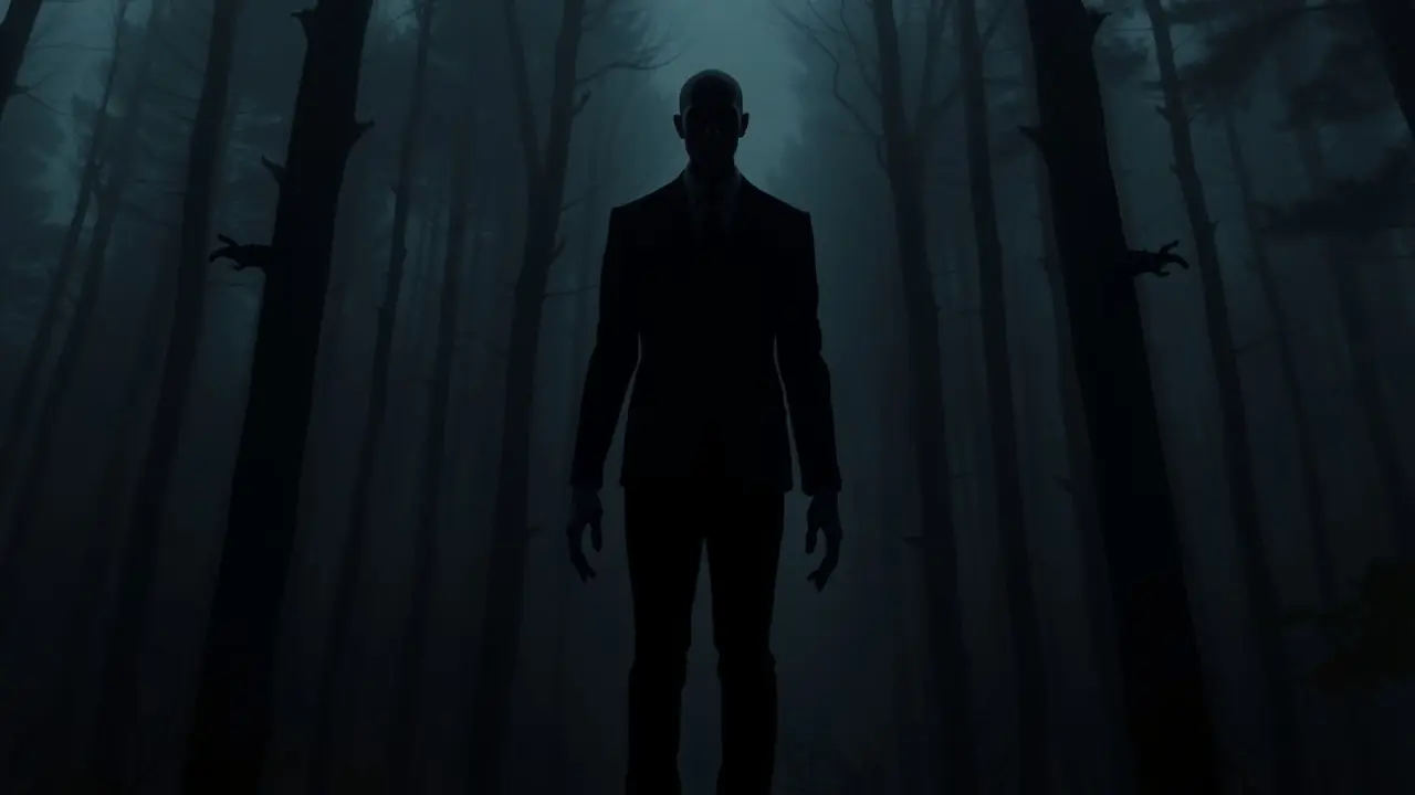 Sonhar com Slenderman: Desvende o Significado Oculto Silhueta do Slenderman em floresta escura.