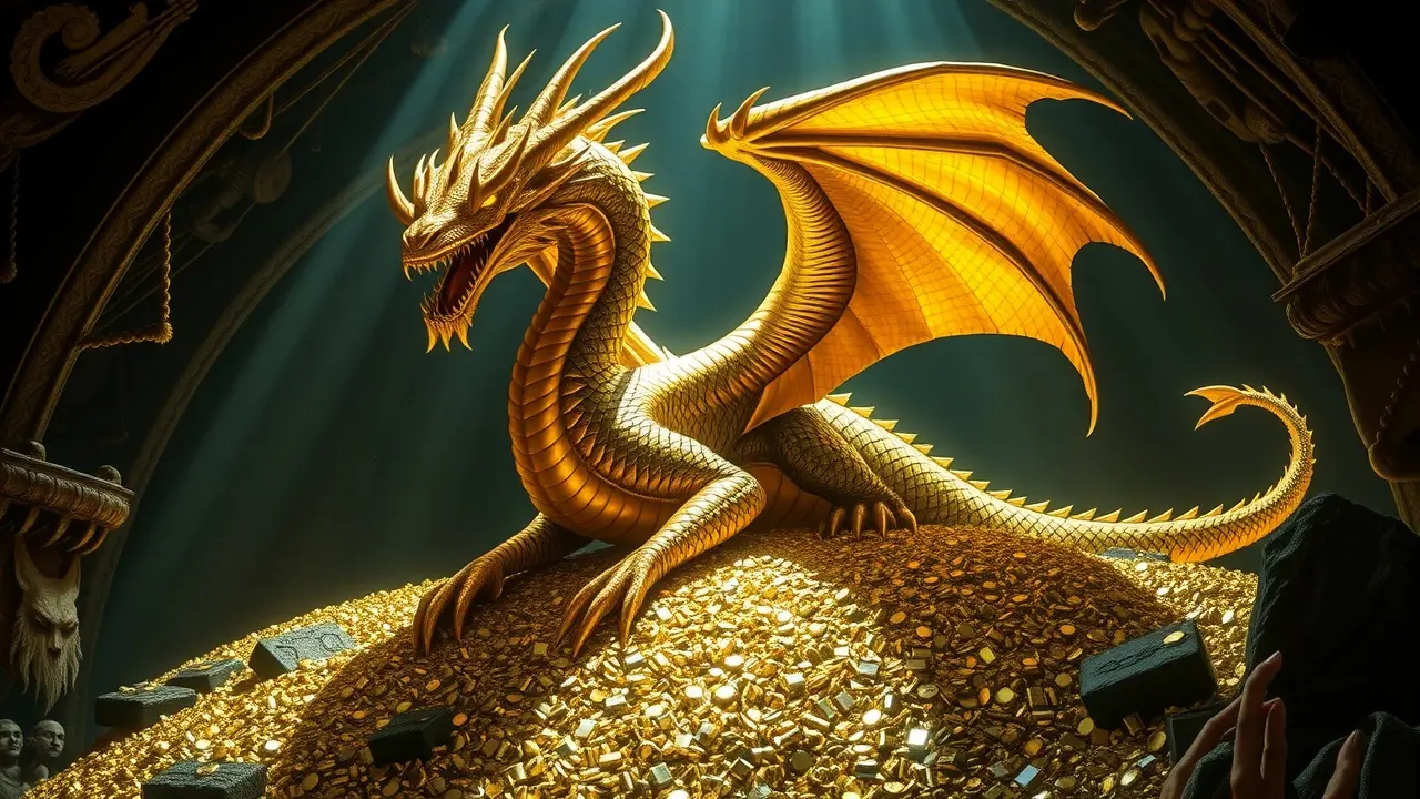 Dragão Smaug dourado sobre um tesouro