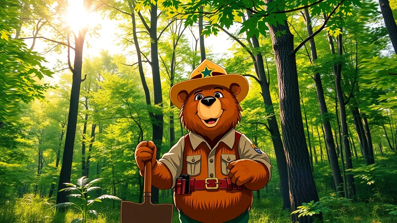 Smokey Bear em floresta verde