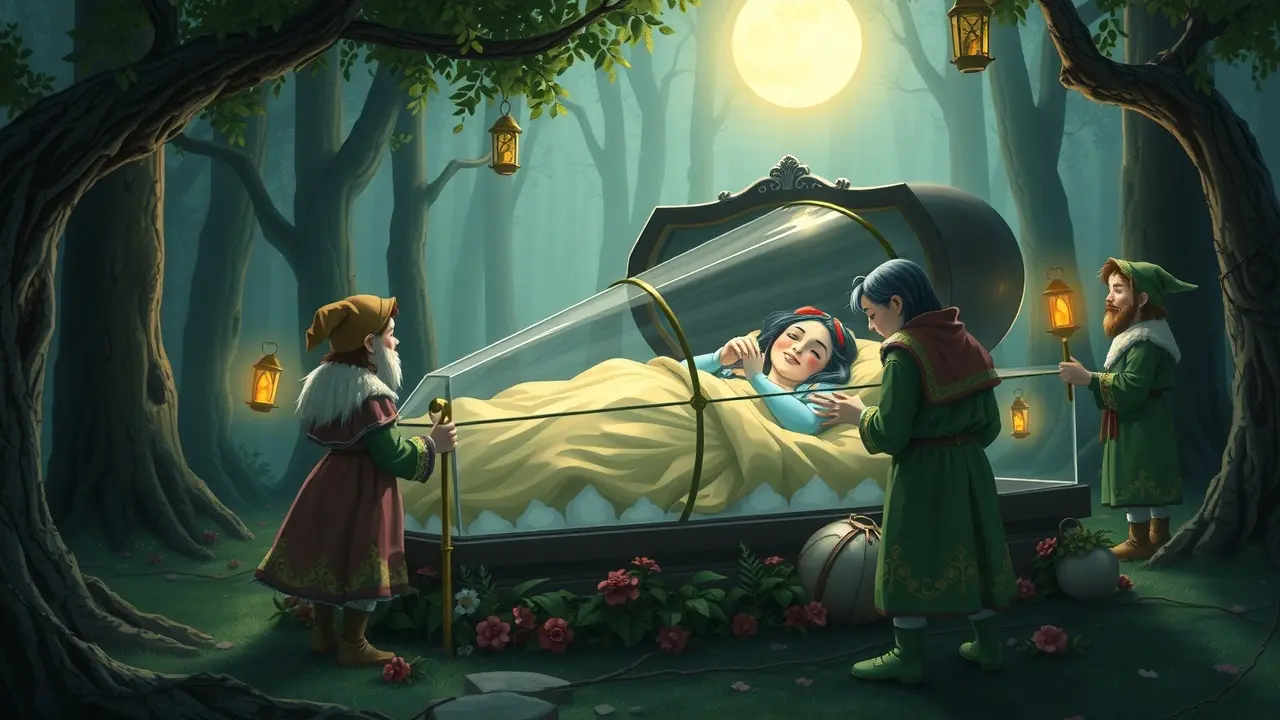 Branca de Neve dormindo em caixão de vidro