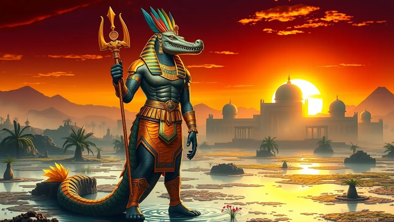 Sobek, o deus crocodilo egípcio, em armadura dourada.