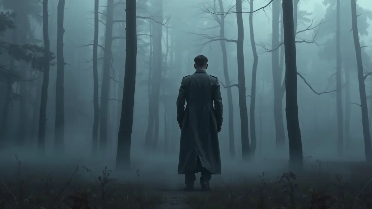 Sonho com sobretudo cinza em floresta nebulosa.