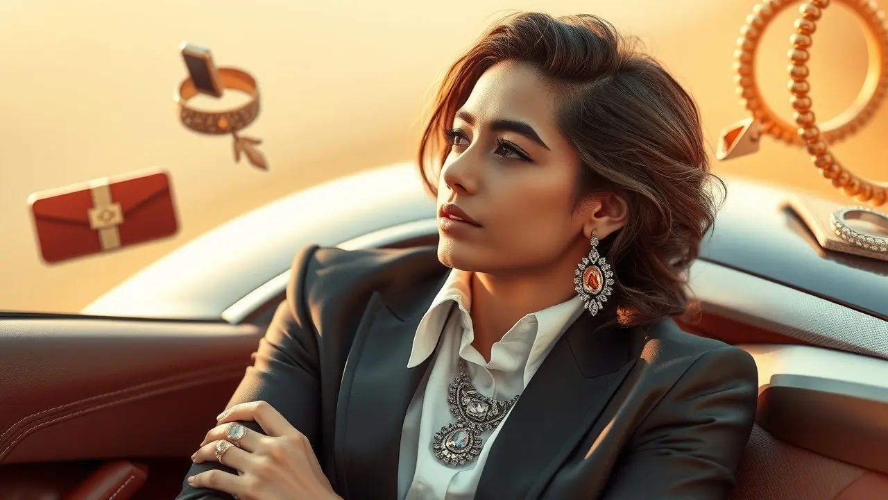 Sonhadora rodeada por elementos de sofisticação