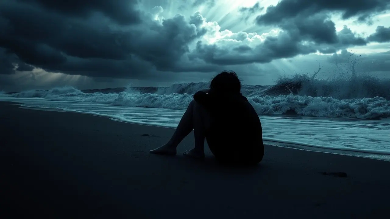 Pessoa sofrendo na praia durante tempestade