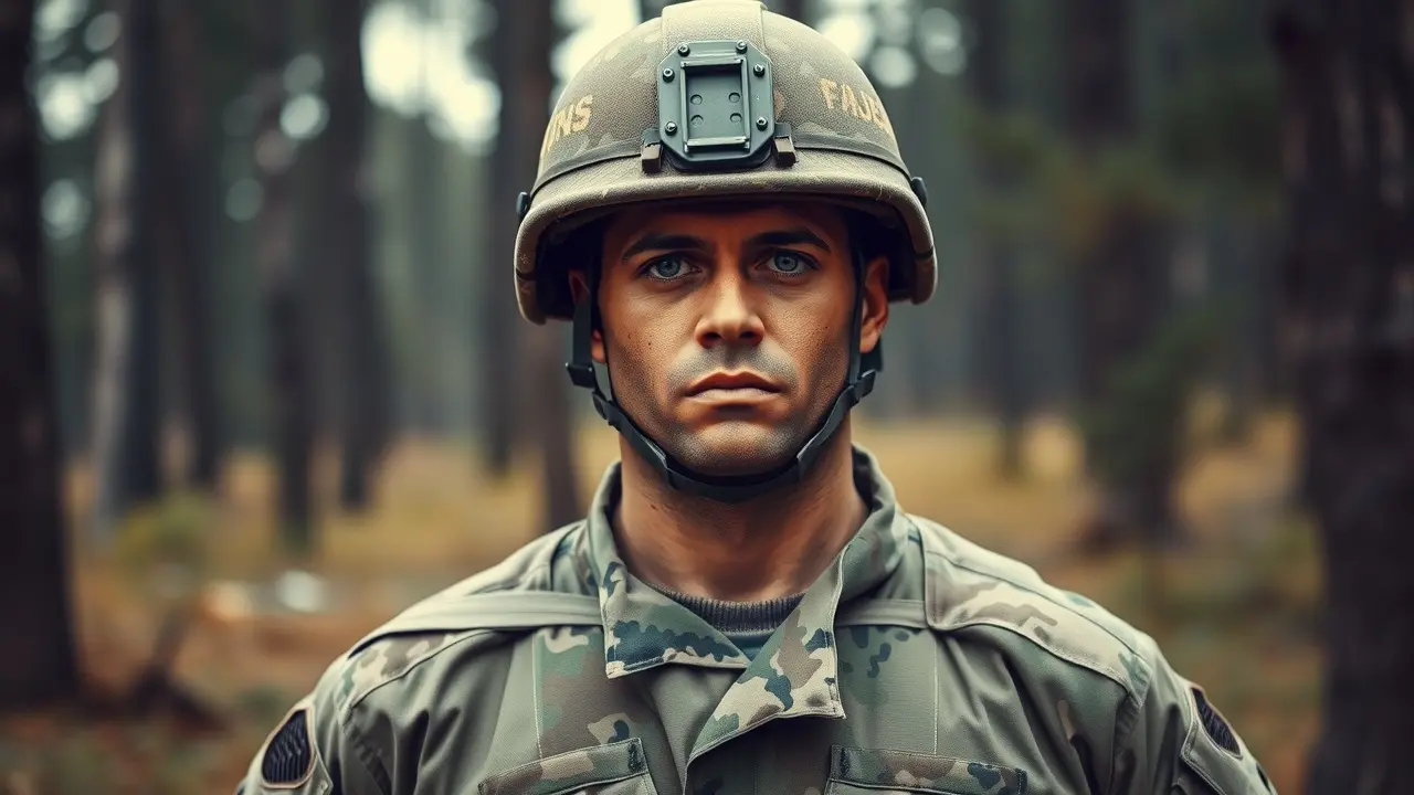 Soldado fardado em pose firme e determinada