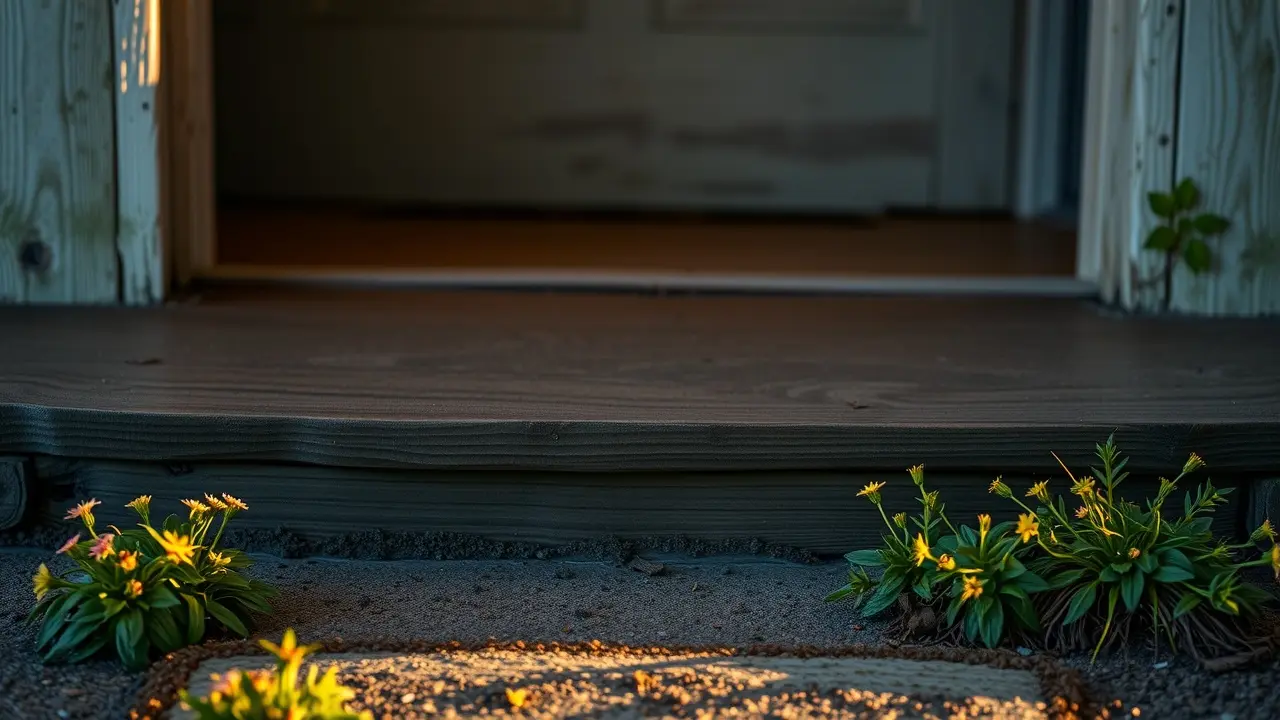 Detalhe de uma soleira de madeira iluminada pelo sol da manhã