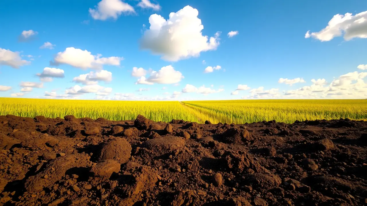 Campo fértil com solo escuro e céu azul