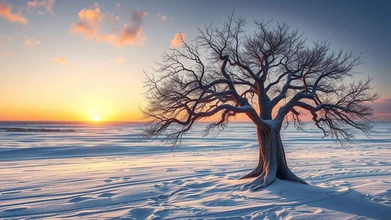 Paisagem de inverno com árvore sob a luz do solstício