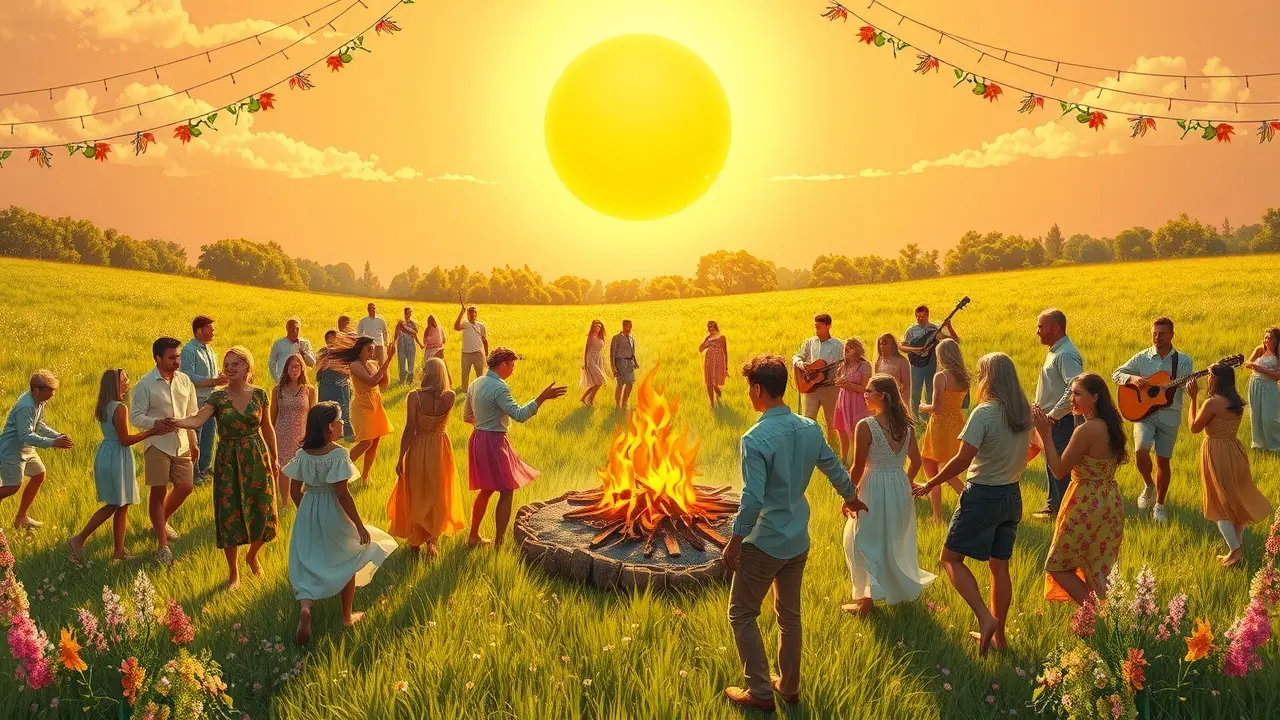 Celebração vibrante do solstício de verão com pessoas dançando ao redor de uma fogueira.