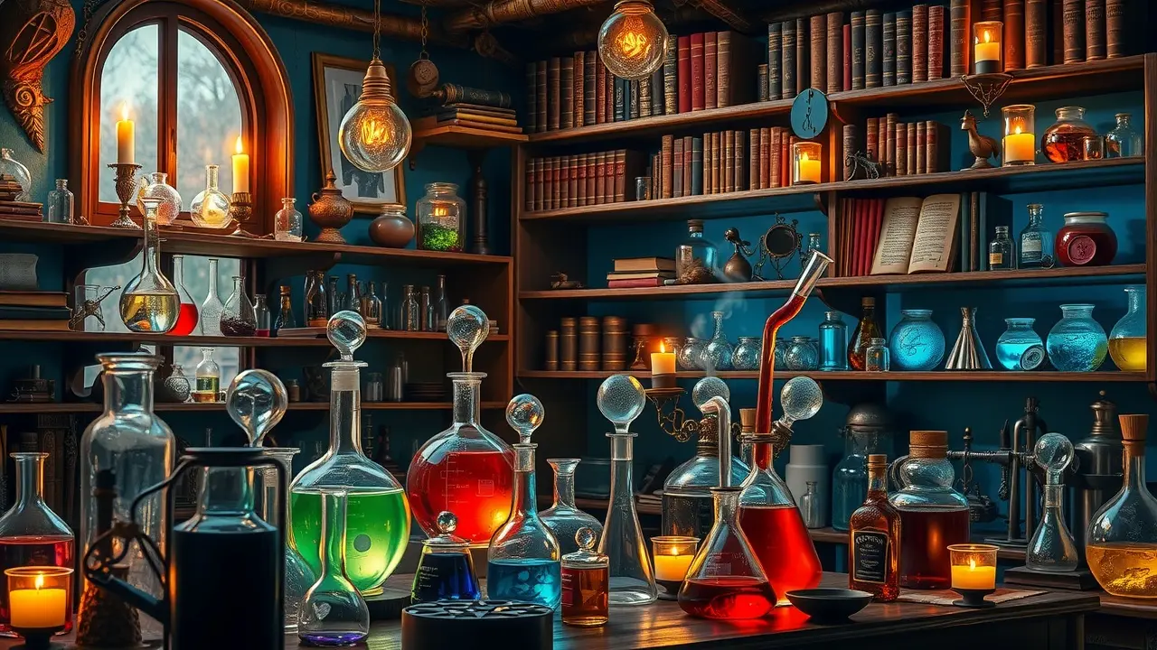 Sonhar com Solve et Coagula: Desvende o Significado Oculto Laboratório alquímico com retortas e livros antigos