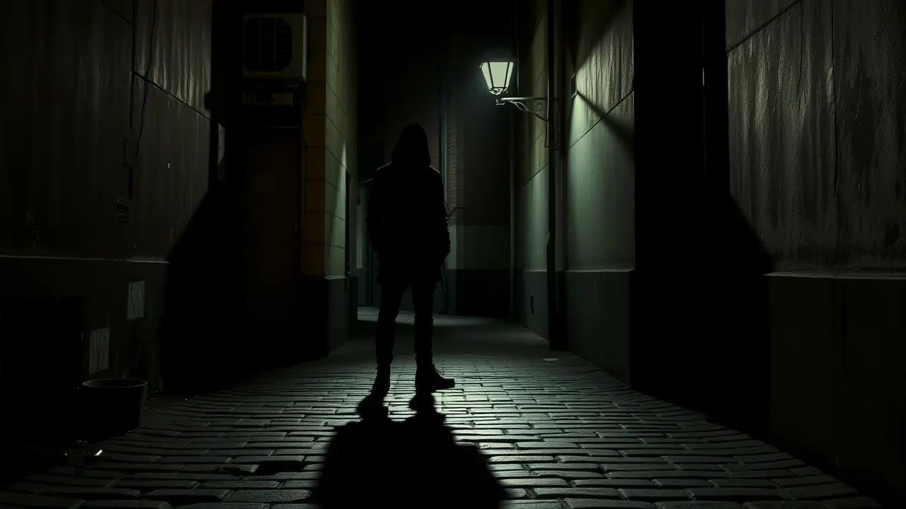 Sombra misteriosa em beco escuro.