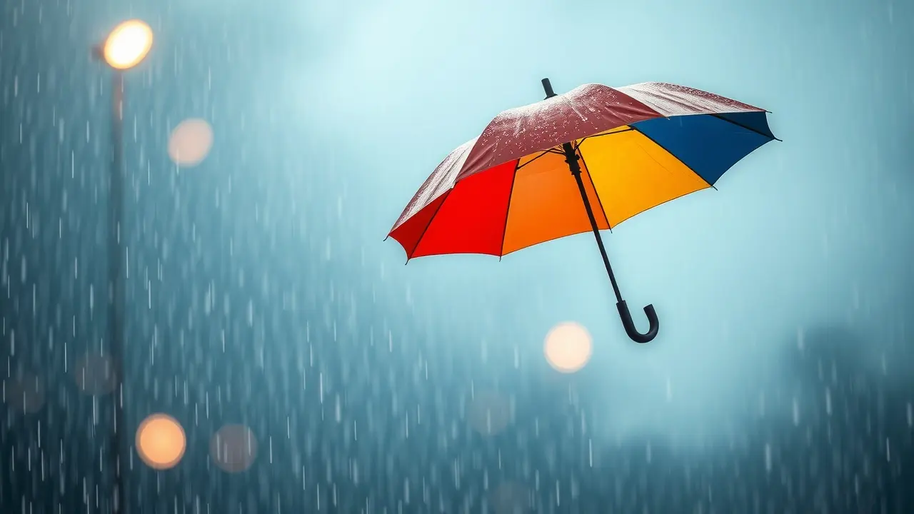 Ilustração de um guarda-chuva colorido aberto.