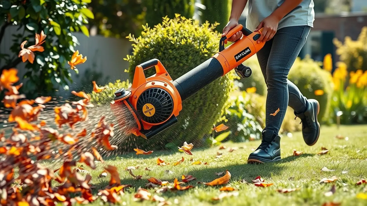 Pessoa usando soprador de folhas no jardim