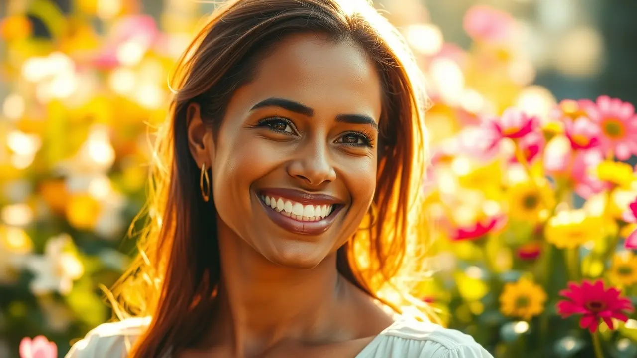 Mulher sorrindo em um jardim ensolarado