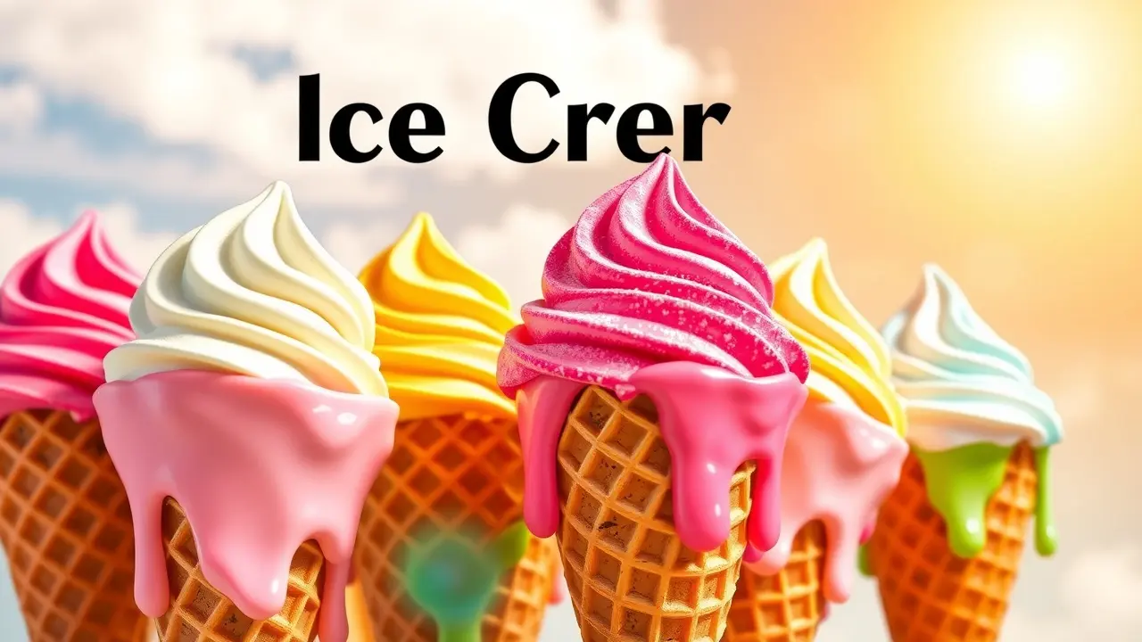 Diversos sorvetes coloridos em casquinhas.