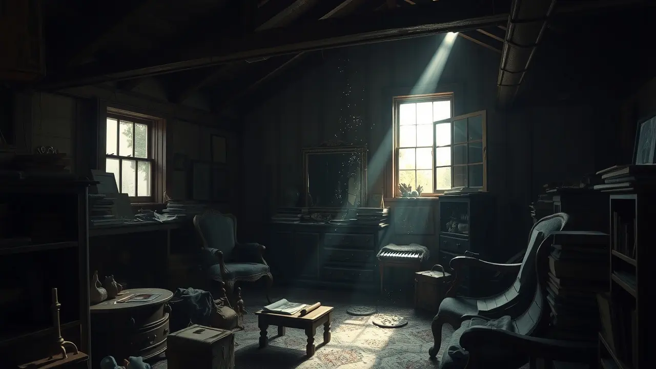 Sonhar com Sótão: Descubra os Significados Ocultos! Sótão empoeirado com móveis antigos.