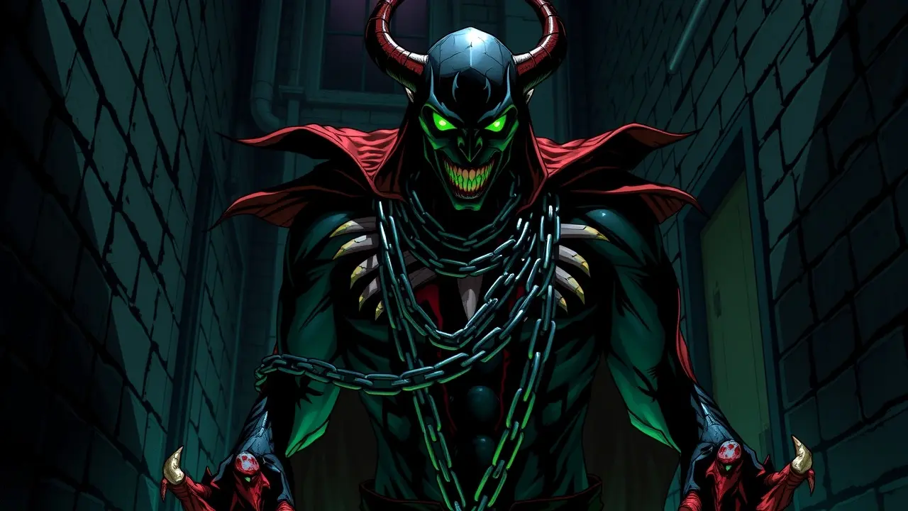 Sonho com Spawn: anti-herói em cenário urbano sombrio.