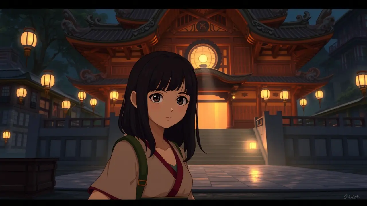 Significado de Sonhar com Spirited Away: Desvende os Mistérios do Subconsciente Mulher em frente a casa de banhos de Spirited Away, sonho e transformação.