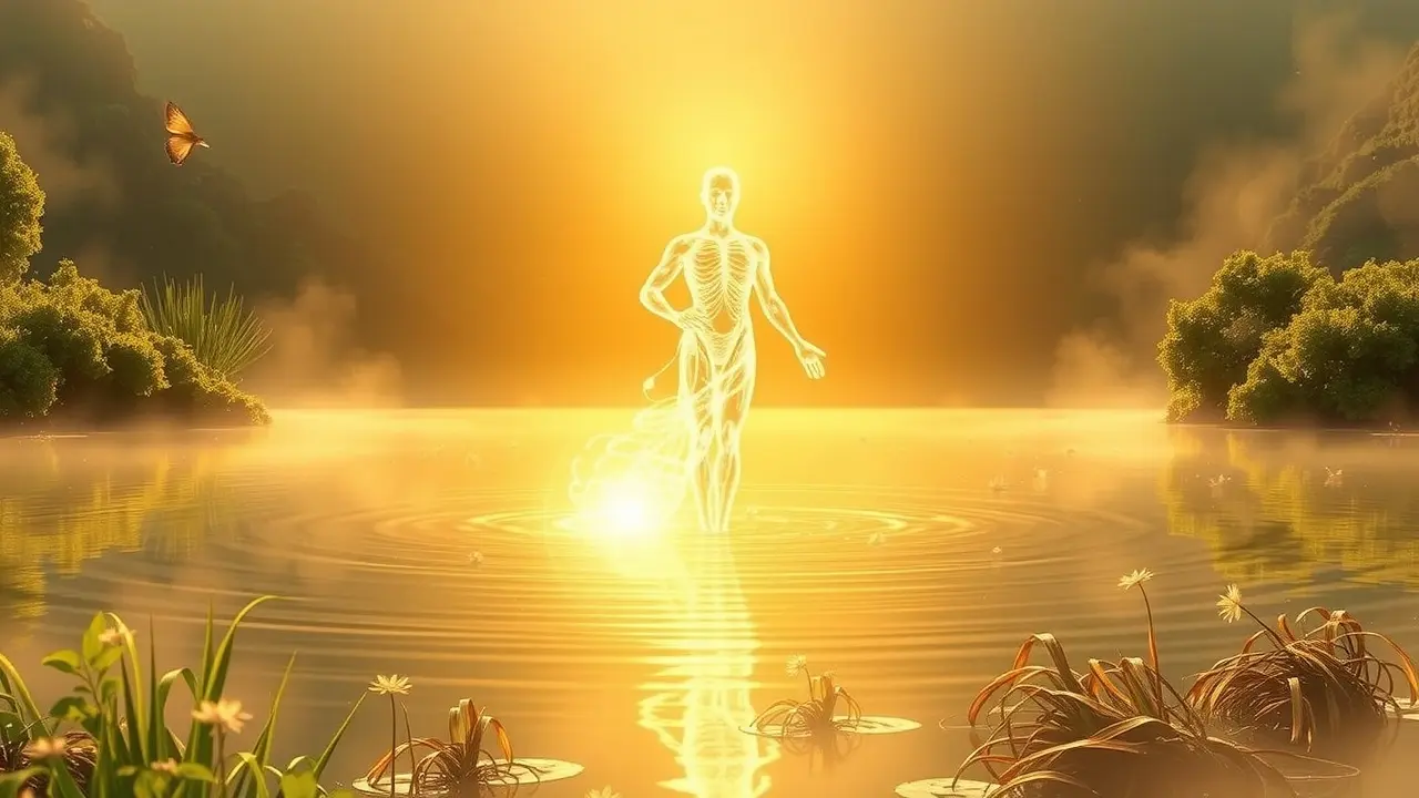 Sonhar com Spiritus Vitae: Desvende o Significado Profundo Figura etérea emergindo de lago, representando spiritus vitae.