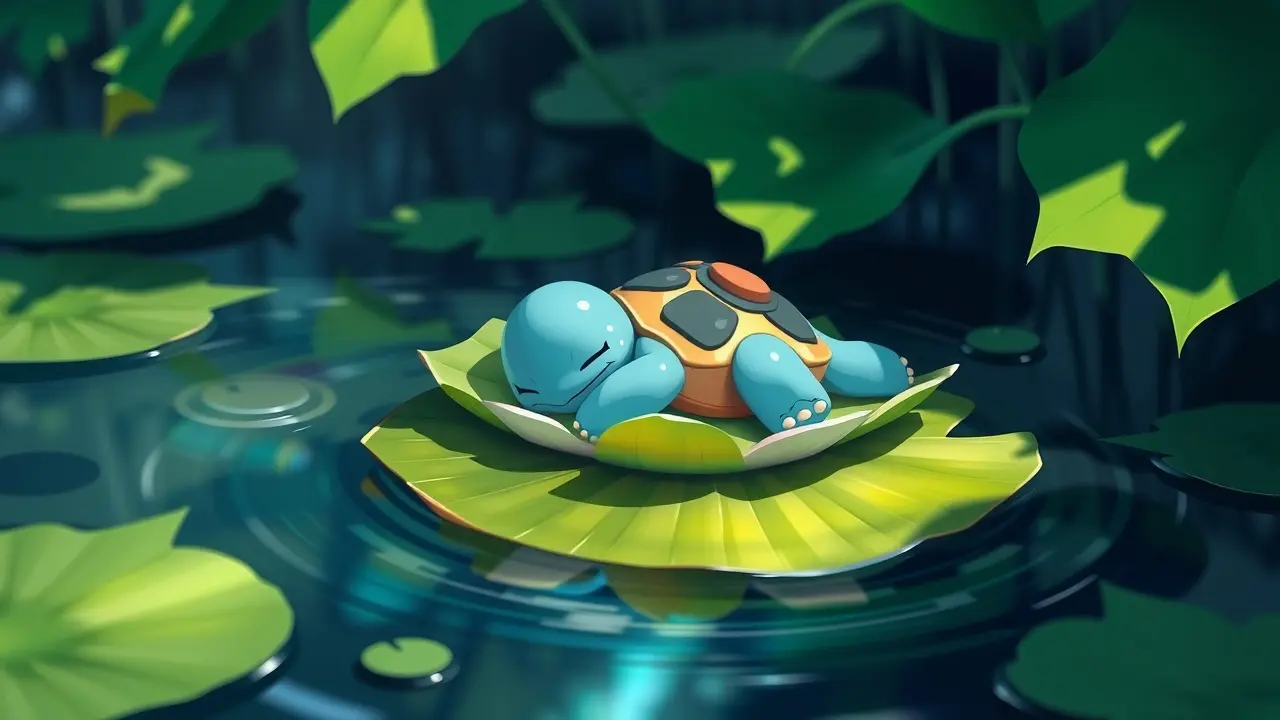 Squirtle dormindo em nenúfar