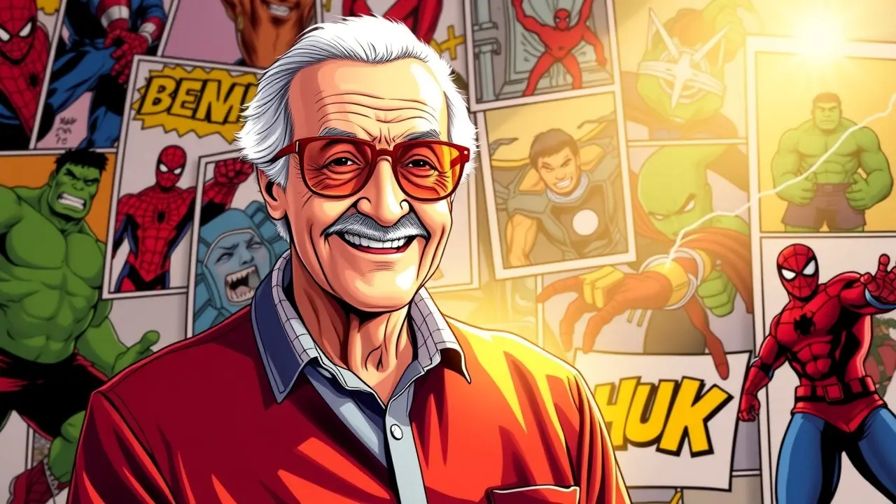 Sonhar com Stan Lee: Descubra o Significado e a Inspiração por Trás do Sonho Ilustração de Stan Lee sorrindo em fundo de quadrinhos