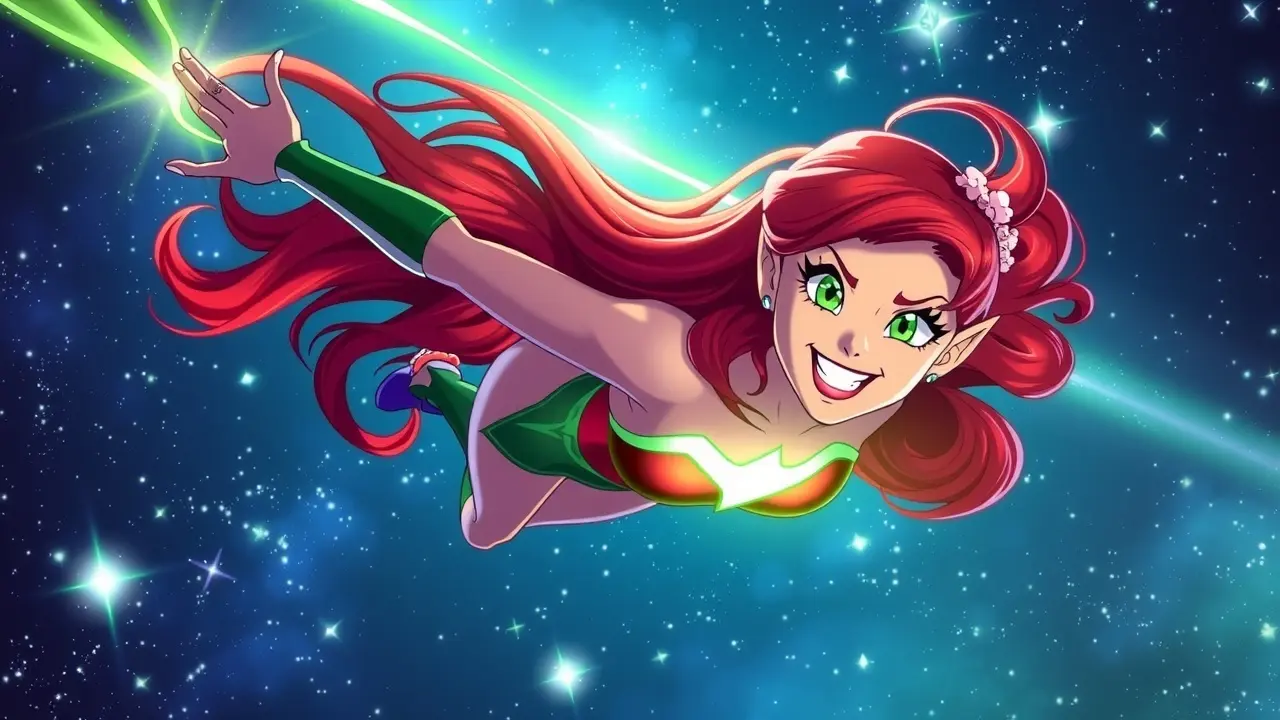 Starfire voando em um céu estrelado