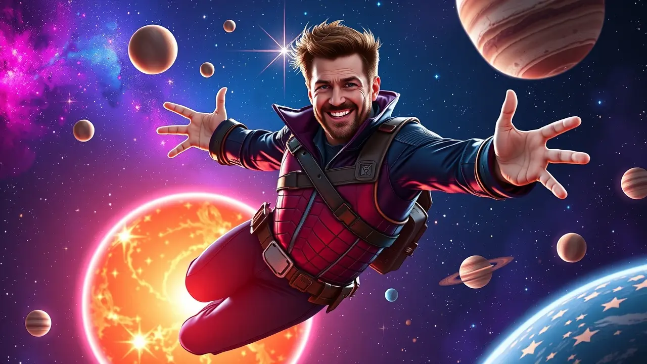 Sonhar com Star-Lord: Descubra o Significado e as Mensagens Ocultas Homem flutuando no espaço com roupa espacial colorida.