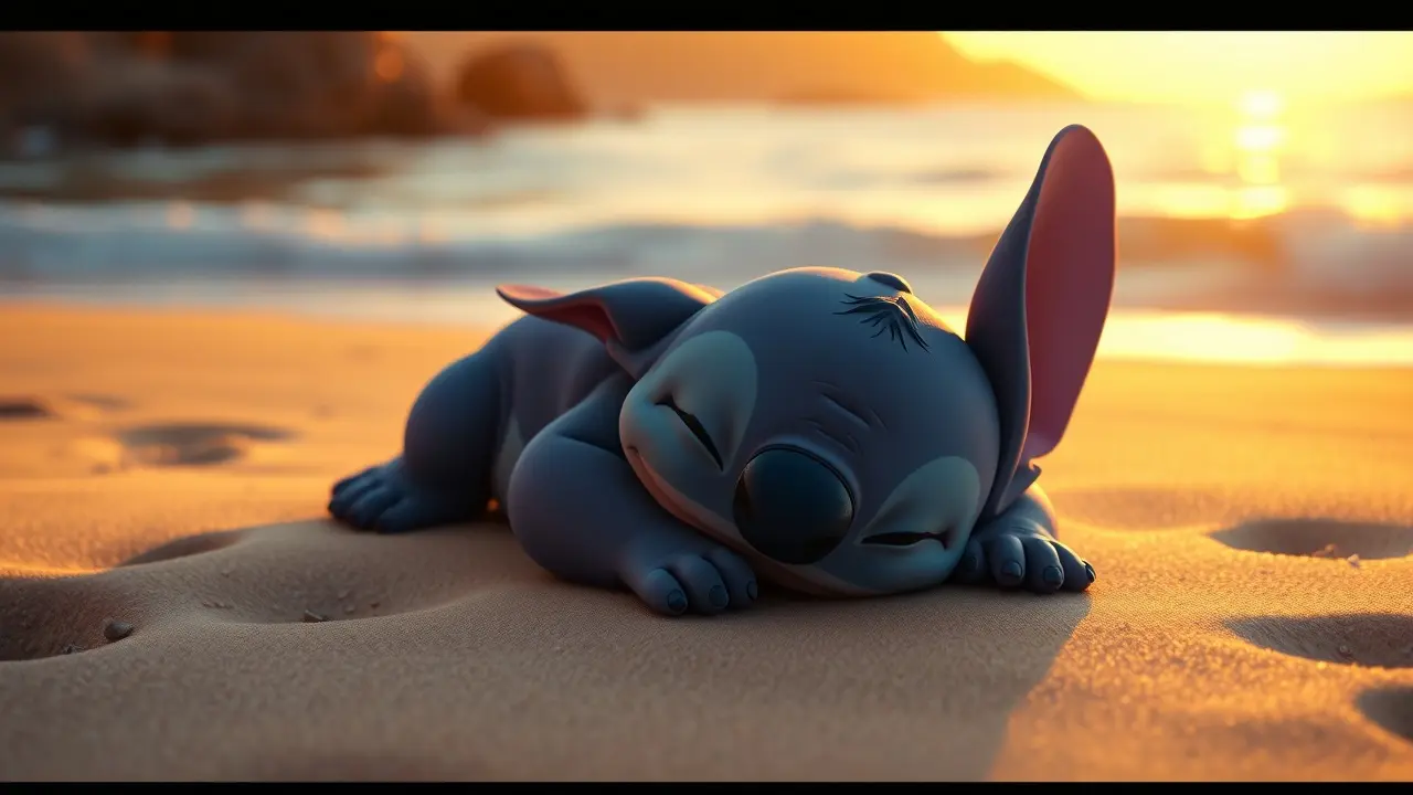 Significado de Sonhar com Stitch: Descubra as Mensagens Ocultas Stitch dormindo na praia ao pôr do sol.