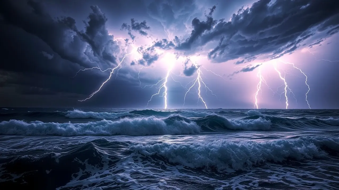 Tempestade poderosa no oceano durante a noite.