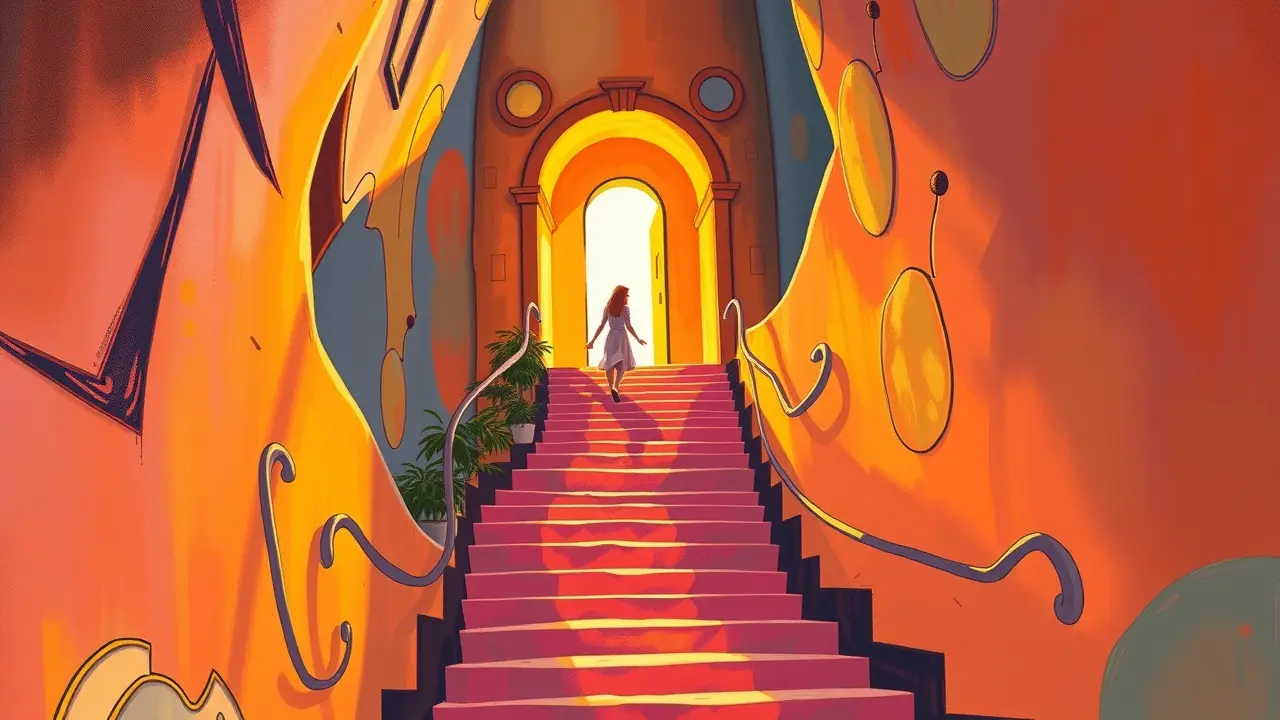 Sonhar com Subida: Descubra os Significados e Interpretações! Pessoa subindo escada colorida, representando superação.