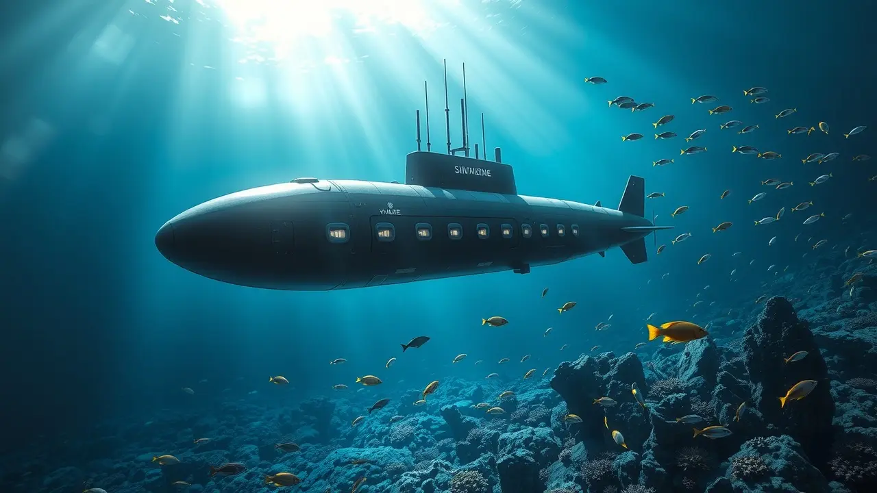 Submarino navegando nas profundezas do oceano