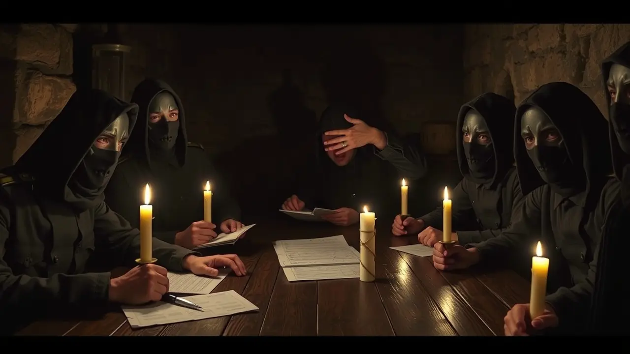 Sonhar com Subversão: Desvende os Significados Ocultos Reunião secreta de revolucionários mascarados planejando a subversão.