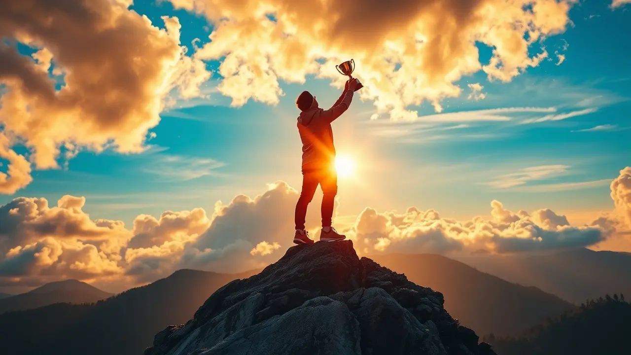 Sonhar com Sucesso: Descubra o Significado e as Mensagens Ocultas Pessoa no topo da montanha celebrando o sucesso.