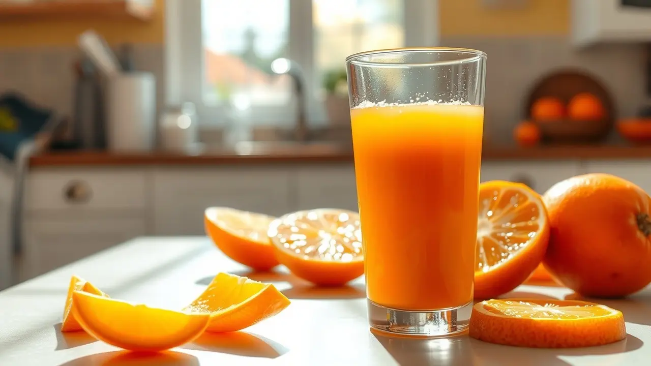 Copo de suco de laranja fresco.