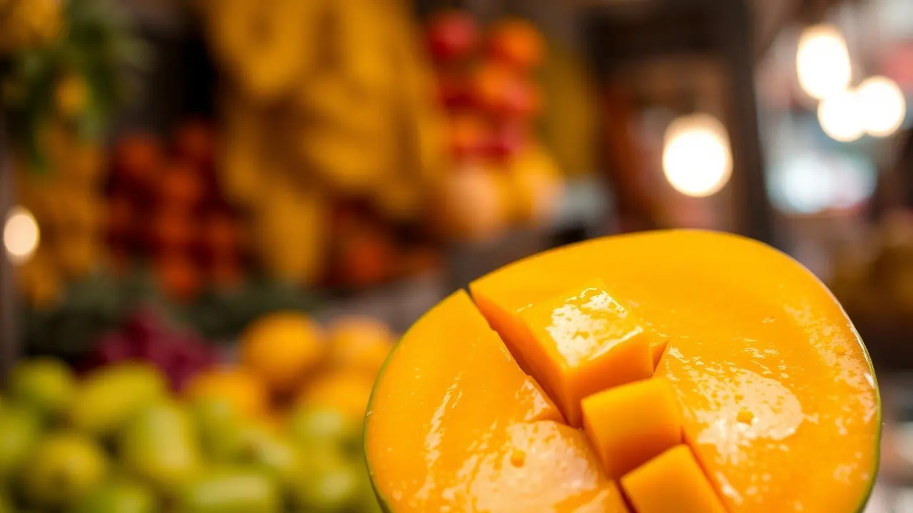 Sonhar com Suculência: Desvende os Significados Ocultos Close de manga suculenta com fundo desfocado.