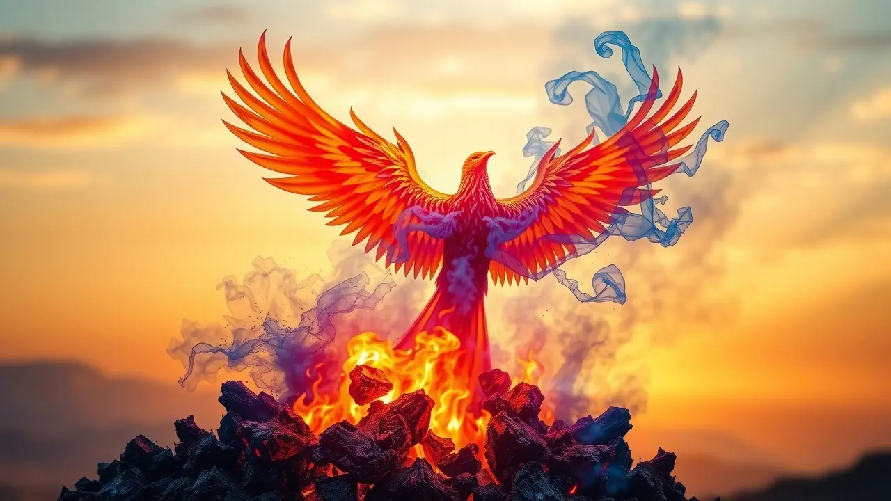 Fênix renascendo das cinzas, simbolizando transformação após sonho com suicídio.