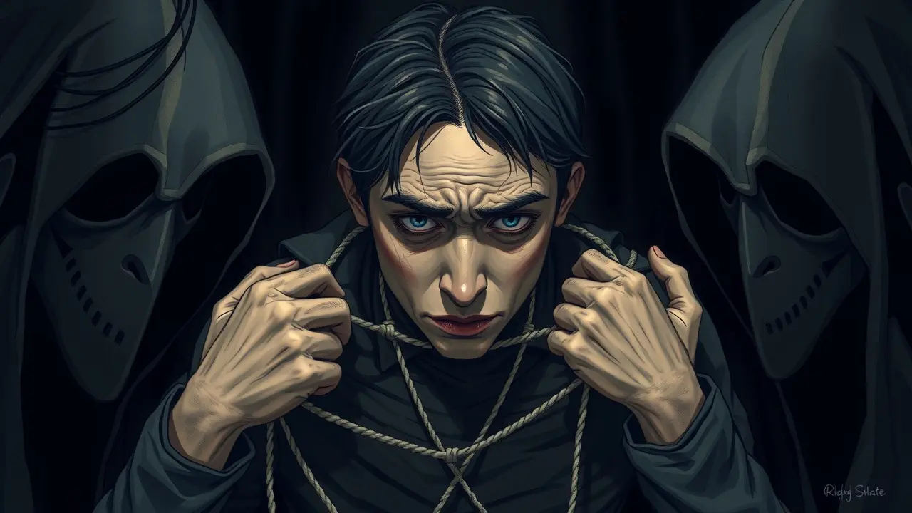 Sonhar com Sujeição: Descubra o Significado e as Implicações Pessoa amarrada por fios invisíveis, expressando angústia.
