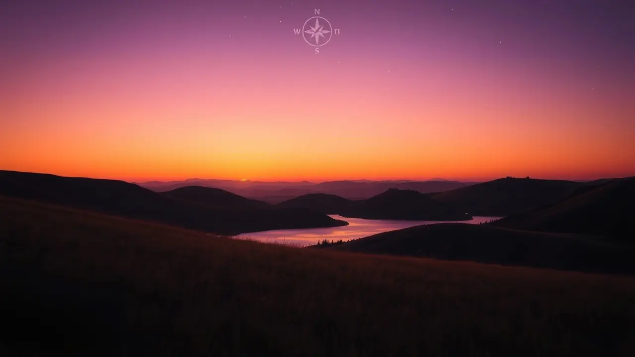 Sonhar com Sul: Descubra os Significados Ocultos e Suas Interpretações Bússola apontando para o sul em paisagem serena ao entardecer.