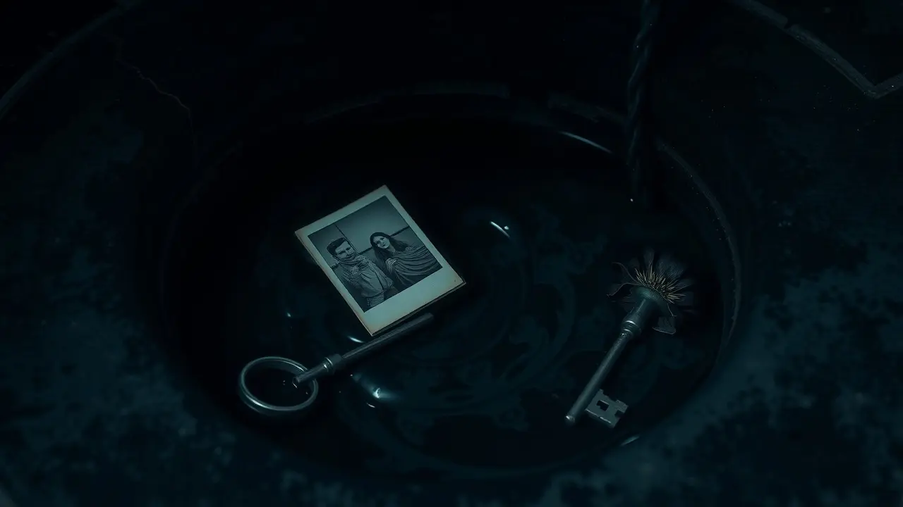 Sumidouro com objetos submersos, representando sonhos e significados ocultos.