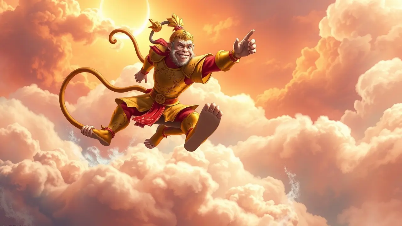 Sonhar com Sun Wukong: Desvende os Significados Ocultos Sun Wukong pulando entre nuvens, vibrante e poderoso