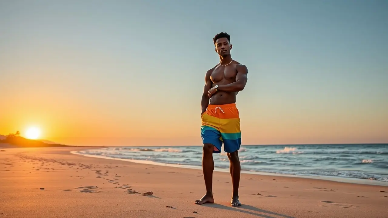 Pessoa confiante vestindo sunga na praia.