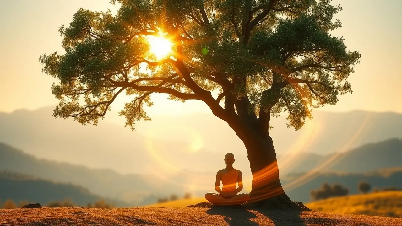 Pessoa meditando sob a árvore Bodhi, representando Sunyata